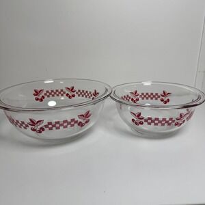 Pyrex Mixing Bowl Set 2pc Clear Red Cherry Checkered 322 325 Vintage Kitchenware